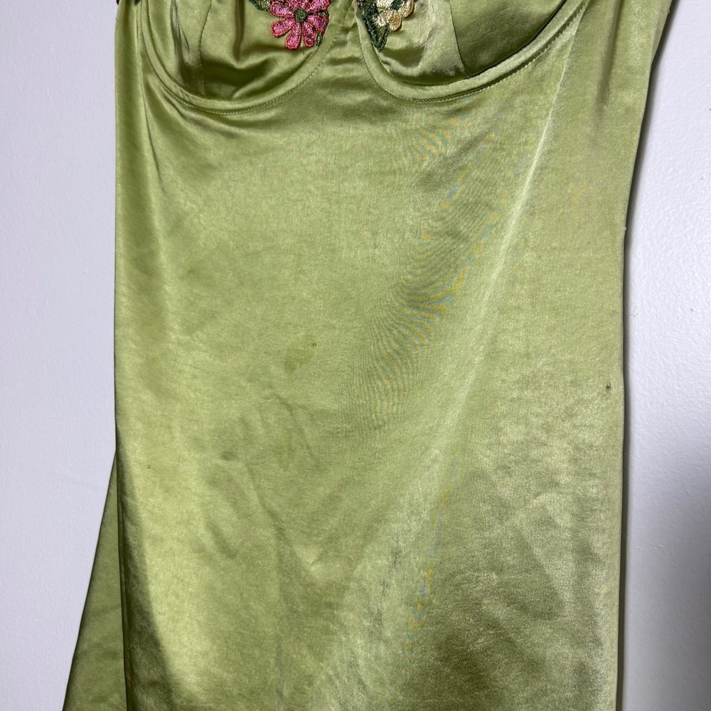 Princess Polly Mini Dress Womens 6 Lime Green Satin Floral Embroidered Bustier - Picture 2 of 8